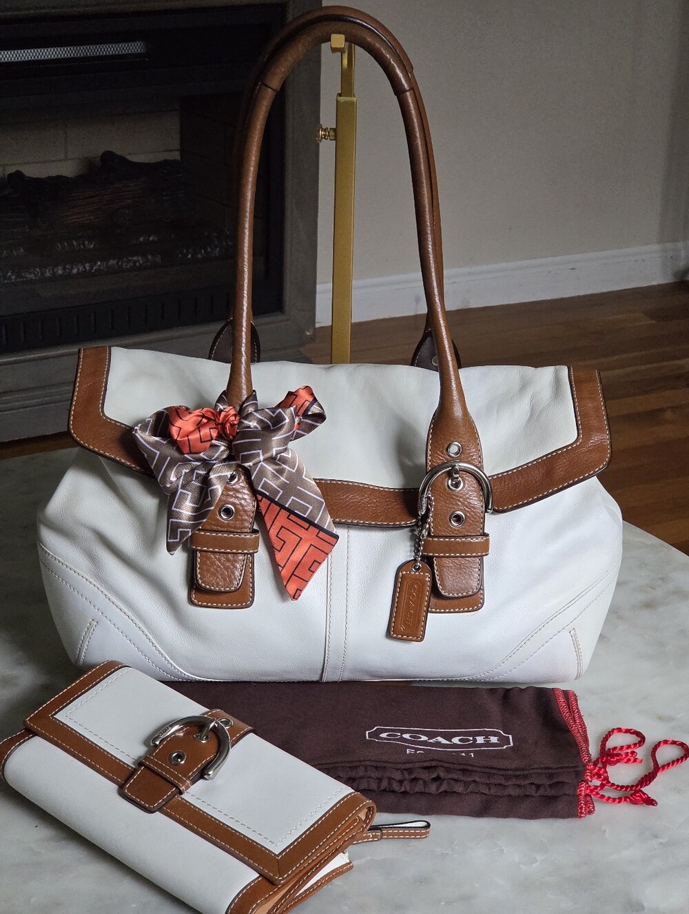 Vintage Coach Soho Flap In White and Brown Leather With Matching Wallet